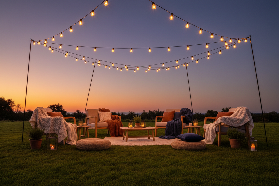 A cozy lawn setup at dusk with string lights, soft blankets, and minimal furniture arranged on grass, creating a warm and inviting atmosphere.