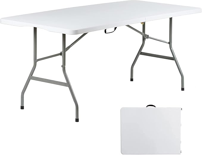 6 Foot Folding Table 6ft Foldable Portable Plastic Tables for Party, Fold-in-Half Heavy Duty Table, 6’ Utility Dining Card Long Table, Indoor Outdoor Fold up for Picnic, Camping, White, Large