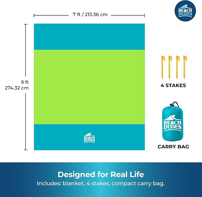 "Green Spirit Oversized Beach Blanket - 108"x84" XL Sandproof Water-Resistant Picnic Mat | Lightweight Ripstop Nylon for Travel & Camping | Includes 4 Stakes and Carry Bag