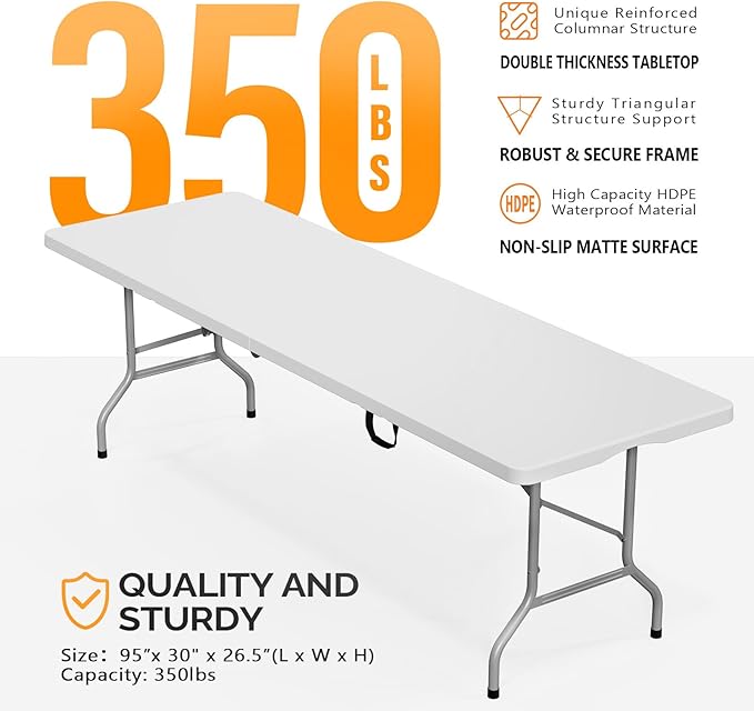 Bonnlo Folding Table 6ft, Portable Collapsible Plastic White Long Tables for Party, Camping, Banquet, Craft, Dining, Wedding, Outdoor and Indoor Use