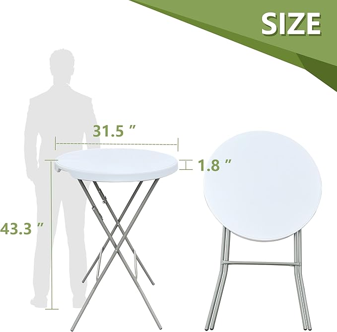 32in Cocktail Table, no Assembly Required, High Top Bistro Round Plastic Folding Table, Foldable Portable Bar Height Tables, Indoor Outdoor for Party Banquet Wedding Picnic Dining Camping, White