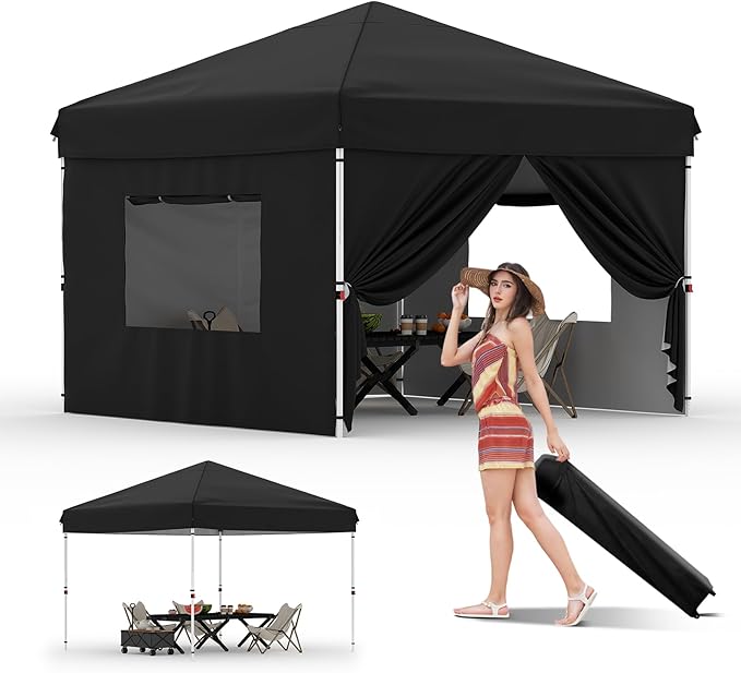 10x10 Pop Up Canopy Tent with 4 Removable Sidewall, Heavy Duty Commercial Instant Shelter with One-Person Setup, UPF 50+ Waterproof, 100 Sq Ft Shade for Outdoor Events, Camping, Farmers Market