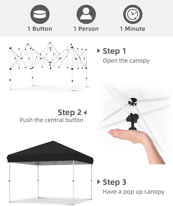 Garvee 10x10 Pop Up Canopy Tent, Instant Portable Commercial Canopy Tent,Easy Outdoor Sun Shade for Events, Parties, Camping, Black