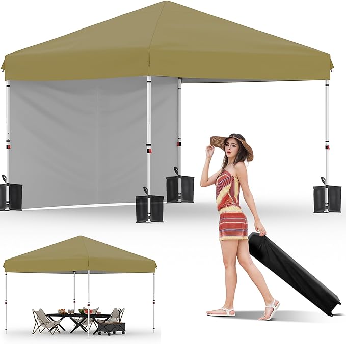10x10 Pop Up Canopy Tent with 1 Removable Sidewall, Heavy Duty Commercial Instant Shelter with One-Person Setup, UPF 50+ Waterproof, 100 Sq Ft Shade for Outdoor Events, Camping, Farmers Market