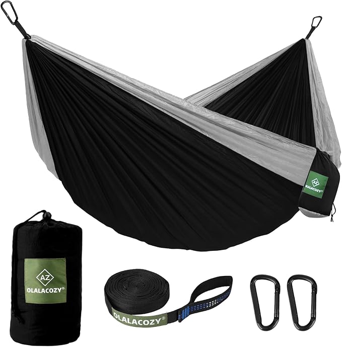 Camping Hammock,Camping Essentials,Lightweight Portable Double & Single Hammock with Tree Straps, Camping Gear for Outside Hiking Camping Beach Backpack Travel, Black & Grey, Large