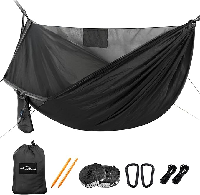 Camping Hammock with Mosquito Net and Ridge Rope, Extra Large for 2 Person, Lightweight Hanging Hammocks Tree Straps, All-in-one Fast Open Hammock for Outside, Hiking, and Travel