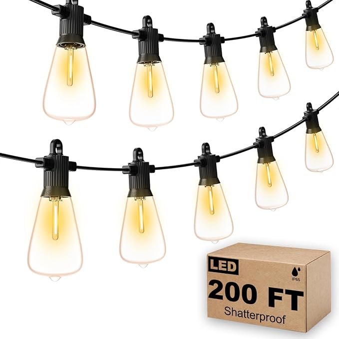 FOOMAN LED Outdoor String Lights, 200FT Outside Waterproof Patio Lights with 100+4 Shatterproof ST38 Edison Bulbs, 2700K Warm White Hanging Light, Dimmable Light for Backyard Porch Gazebo(100FT x 2)