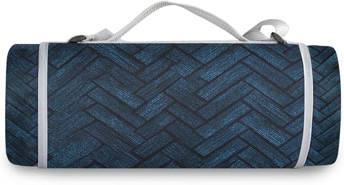 Round Picnic Essentials - Fits 2 Adults, Summer Accessories Water-Resistant Outside Blankets for Grass Dual Layer, Sand-Free, Soft Throw Rug 58 in (Dark Blue Herringbones)