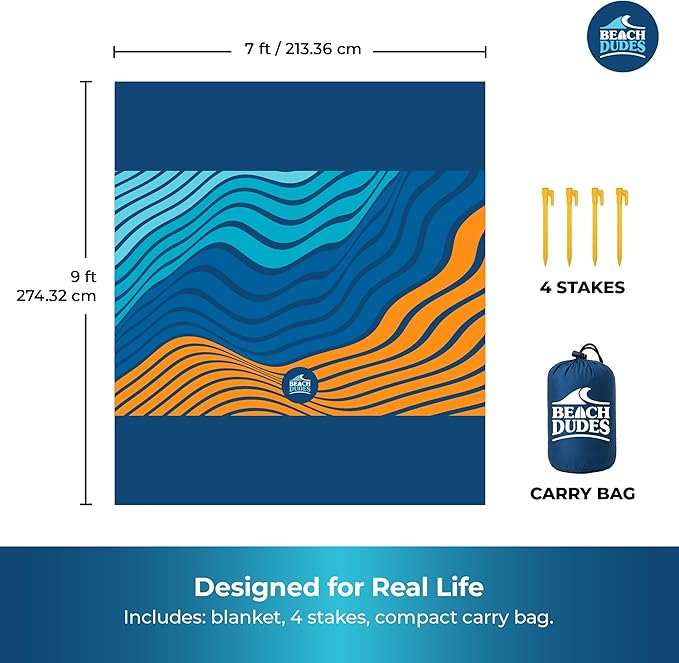 "Blue Waves Oversized Beach Blanket - 108"x84" XL Sandproof Water-Resistant Picnic Mat | Lightweight Ripstop Nylon for Travel & Camping | Includes 4 Stakes and Carry Bag