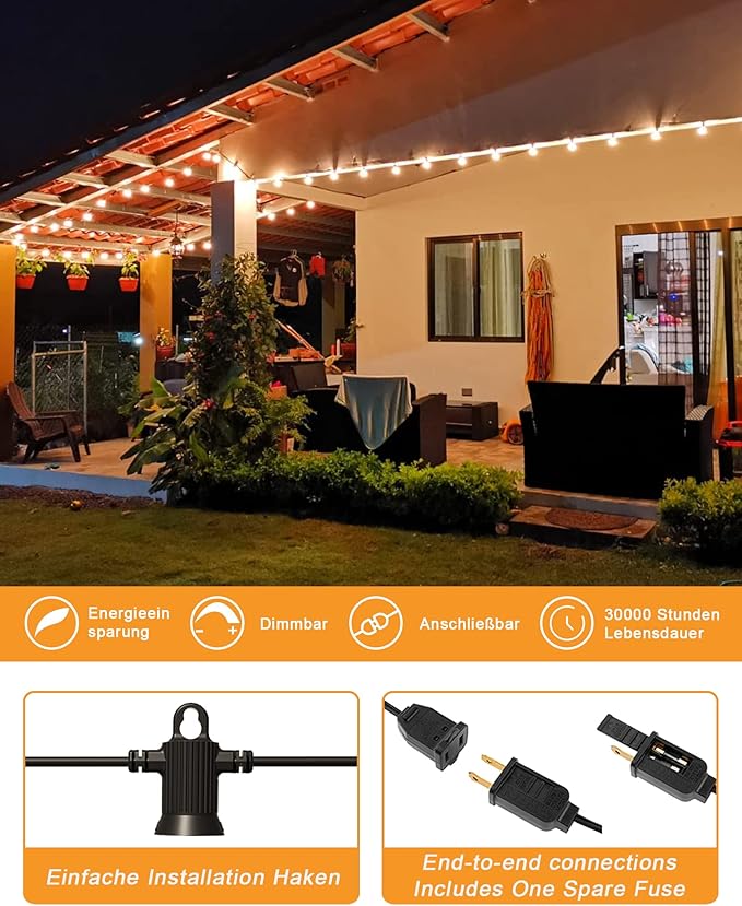 Zuske Outdoor String Lights, 50FT Patio Lights Outdoor Waterproof with 27 Shatterproof G40 Globe Bulb(2 Spare), Connectable Dimmable LED String Lights for Outside Backyard Porch Balcony Party, 2700K