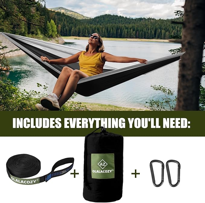 Camping Hammock,Camping Essentials,Lightweight Portable Double & Single Hammock with Tree Straps, Camping Gear for Outside Hiking Camping Beach Backpack Travel, Black & Grey, Large