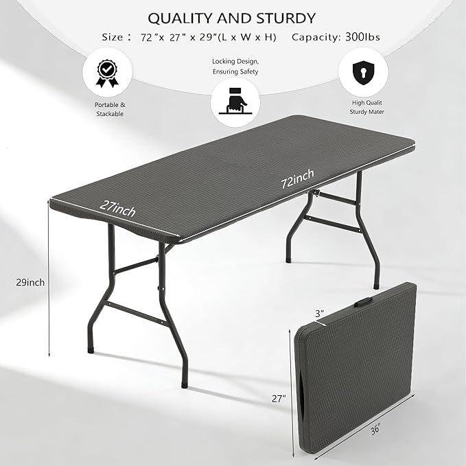 6ft Heavy Duty Folding Table, Portable Plastic Table with Rattan-Patterned HDPE Top, Indoor Outdoor Rectangular Dining Table with Carry Handle, for Parties, Camping, and Events, Brown