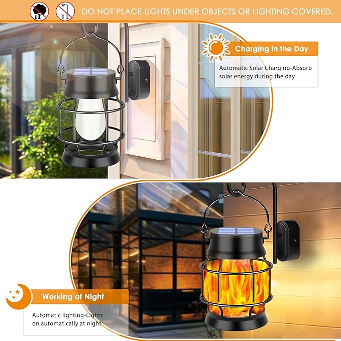 TomCare Solar Lanterns Flickering Flame Solar Lights Outdoor Waterproof Metal Hanging Lantern Lighting Solar Powered Lanterns for Decorative Outdoor Patio Porch Garden Lawn,2 Pack