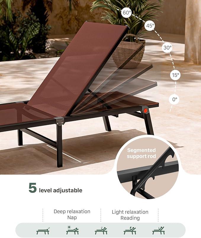 Aluminum Chaise Foldable Patio Lounge Chair Outdoor, Metal Deck Lounger Adjustable 5-Position Recliner Pool Chase Breathable Full Flat Outside Sun Tanning Chairs for Beach/Poolside/Lawn(Brown, 2 Pack)