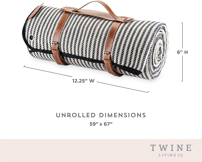 Twine Picnic Blanket - Waterproof Outdoor Blanket with Leather Carrying Straps and Picnic Stakes - Navy/White Striped 6pc Set of 1