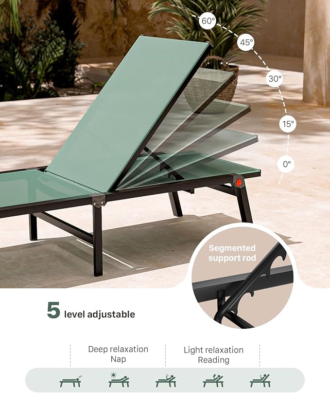 Aluminum Chaise Foldable Patio Lounge Chair Outdoor, Metal Deck Lounger Adjustable 5-Position Recliner Pool Chase Breathable Full Flat Outside Sun Tanning Chairs for Beach/Poolside/Lawn(Green, 2 Pack)