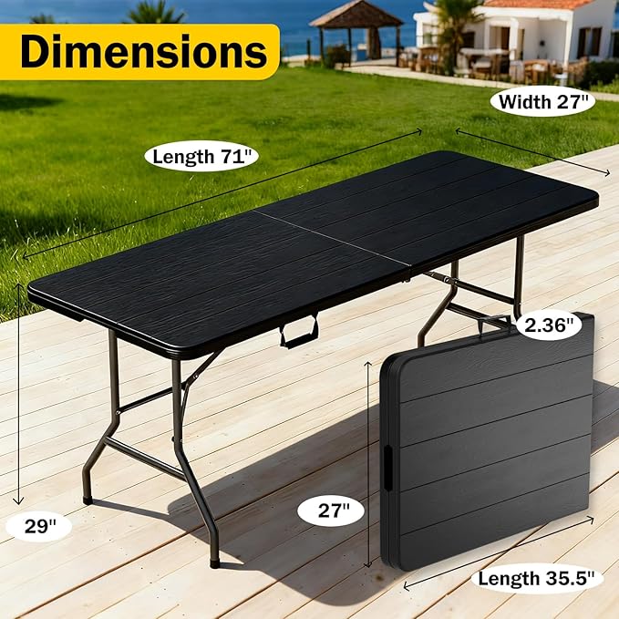6 Feet Folding Table with Built in Handle & Fold-in-Half | Heavy Duty Portable | Lightweight Perfect for Party, Dining, Wedding, Events, Picnic Indoor, Outdoor, Camping, Utility-Black