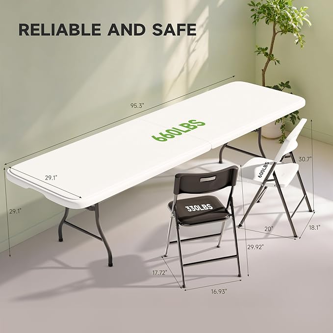 8FT Folding Table Set with 6 Chairs – Heavy-Duty 660 lb Table & 600 lb Chairs, Portable Foldable Furniture Set for Camping, Parties, Indoor & Outdoor Use
