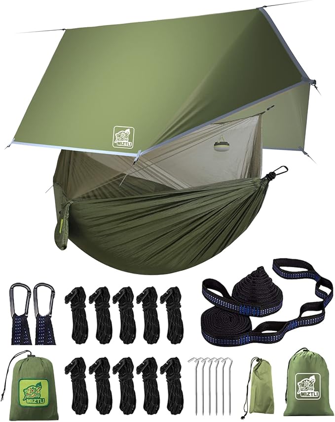 Miztli Camping Hammock with Net and Rain Fly, Portable Lightweight Outdoor Hammock Tree Travel Backpacking Hammock Tent with 20Ft(Total) Tree Straps, Perfect for Camping Hiking Yard Adventure Survival
