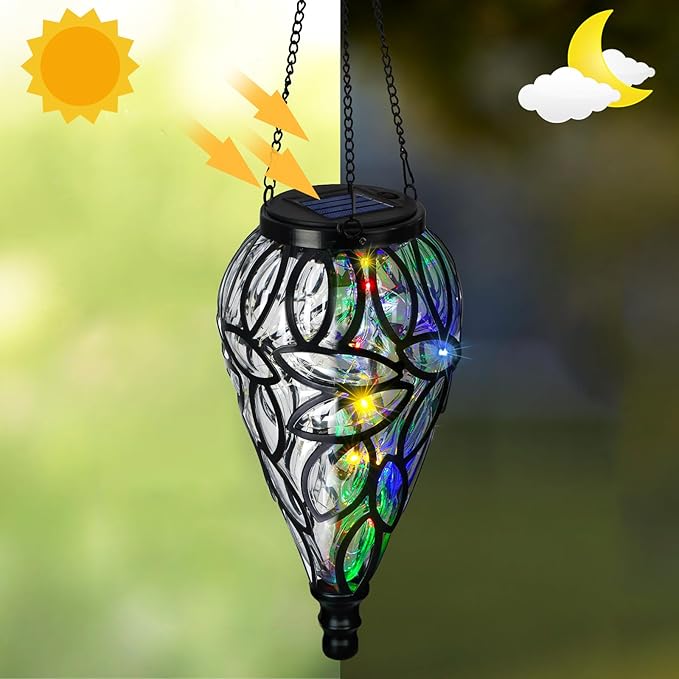 SUNNYPARK Outdoor Plastic Solar Hanging Lantern, 15 Multi Color LEDs Twinkle Effect Tear-Shaped Hanging Lantern Decor Garden Decorative Solar Lights for Backyard, Patio and Lawn
