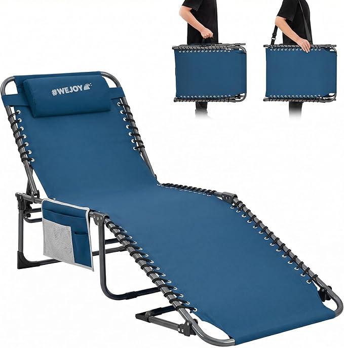 #WEJOY Folding Lounge Chair Outdoor, 5-Position Adjustable Sunbathing Tanning Chair with Shoulder Strap & Side Pocket, Heavy Duty Reclining Chair for Patio Pool Camping, Portable Folding Bed Cot,Blue