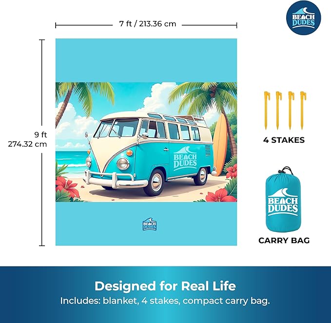 "Beach Vibes Oversized Beach Blanket - 108"x84" XL Sandproof Water-Resistant Picnic Mat | Lightweight Ripstop Nylon for Travel & Camping | Includes 4 Stakes and Carry Bag