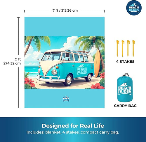 "Beach Vibes Oversized Beach Blanket - 108"x84" XL Sandproof Water-Resistant Picnic Mat | Lightweight Ripstop Nylon for Travel & Camping | Includes 4 Stakes and Carry Bag