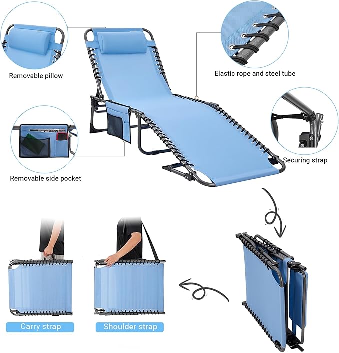 #WEJOY Folding Outdoor Chaise Lounge Chair, Adjustable Lightweight Portable Beach Lounge Chair for Patio, Pool, Lawn, Deck, Sunbathing, Camping Reclinging Chair with Pillow Side Pocket, Lightblue