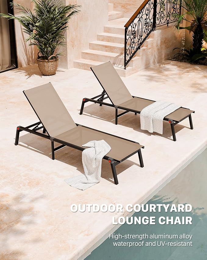 Aluminum Chaise Foldable Patio Lounge Chair Outdoor, Metal Deck Lounger Adjustable 5-Position Recliner Pool Chase Breathable Full Flat Outside Sun Tanning Chairs for Beach/Poolside/Lawn(Khaki, 1 Pack)
