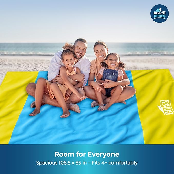 "Sunny Day Oversized Beach Blanket - 108"x84" XL Sandproof Water-Resistant Picnic Mat | Lightweight Ripstop Nylon for Travel & Camping | Includes 4 Stakes and Carry Bag