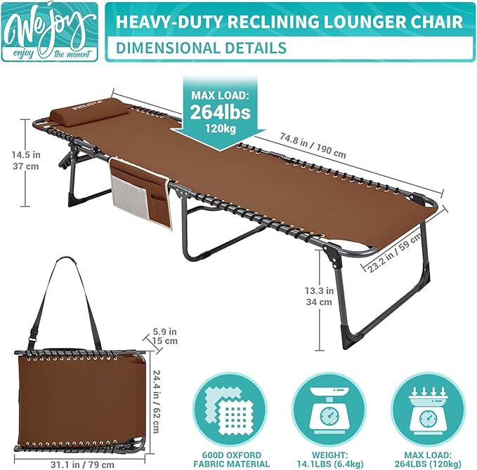 #WEJOY Folding Lounge Chair Outdoor, 5-Position Adjustable Sunbathing Tanning Chair with Shoulder Strap & Side Pocket, Heavy Duty Reclining Chair for Patio Pool Camping, Portable Folding Bed Cot Khaki