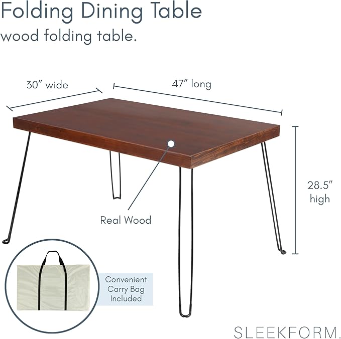Sleekform Wooden Folding Dining Table for 4 - with Collapsible Hairpin Legs - 4 ft Portable Small Foldable Dining Room Table for Farmhouse Kitchen and Small Spaces - Walnut