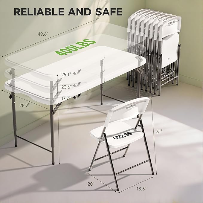 4FT Folding Table Set with 4 Chairs – Heavy-Duty 400 lbs Table & 600 lbs Chair Capacity, Portable Foldable Table & Chair Set for Camping, Parties, Indoor & Outdoor Use