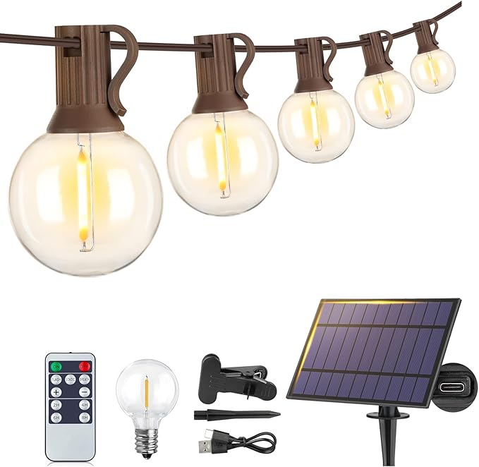 Larkvue 25FT Solar String Lights Outdoor with Remote, Waterproof Dimmable 3 Modes Patio Lights with 10+1 LED Shatterproof G40 Bulbs for Wedding-Brown