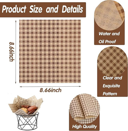 100 Pcs 8.66×8.66 Inch Greaseproof Wax Deli Paper Sheets, Checkered Food Wrapping Sheets & Basket Liners For BBQ Picnic Party Lunch Burger & Bread
