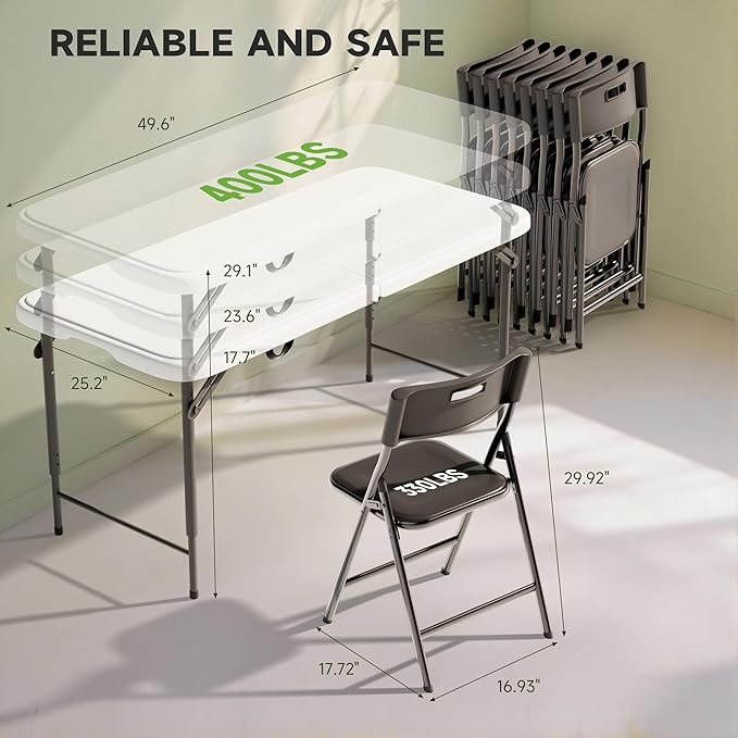 4FT Folding Table Set with 4 Folding Chairs, Heavy Duty 400 lbs Table & 330 lbs Chairs, Portable Folding Furniture Bundle for Camping, Party, Indoor & Outdoor Use