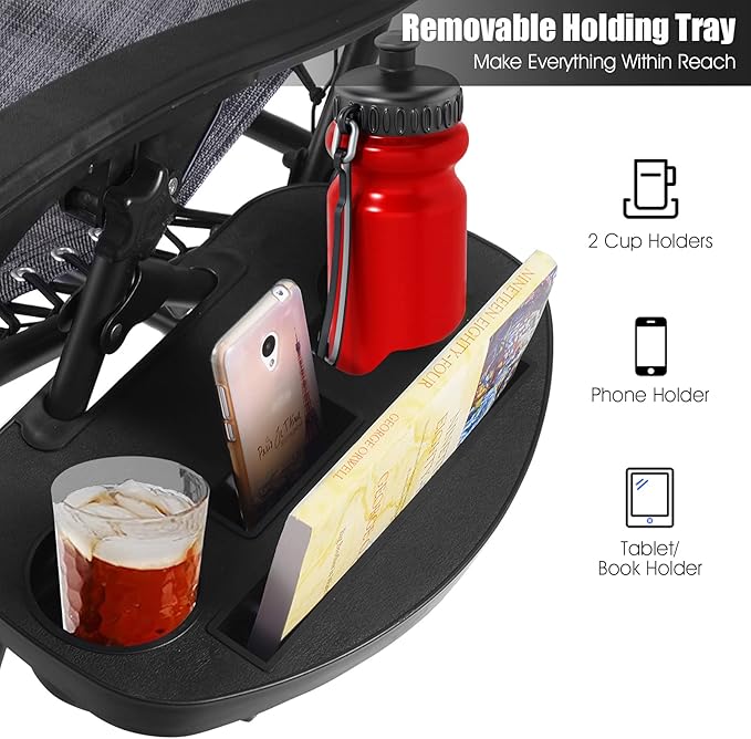 Folding Zero Gravity Reclining Textilene Lounge Chairs, Outdoor Adjustable Patio w/Pillows & Cup Holder Trays for Backyard, Beach, Poolside (GR)