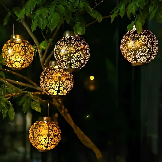 2 Pack Solar Lanterns Outdoor Gifts, IP44 Waterproof Hanging Solar Lights Decor Lamp for Garden, Patio, Pathway, Yard, Porch (Shiny Gold Flower)
