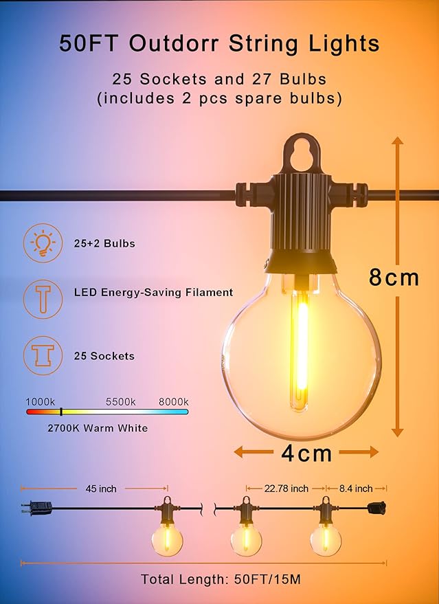 Zuske Outdoor String Lights, 50FT Patio Lights Outdoor Waterproof with 27 Shatterproof G40 Globe Bulb(2 Spare), Connectable Dimmable LED String Lights for Outside Backyard Porch Balcony Party, 2700K