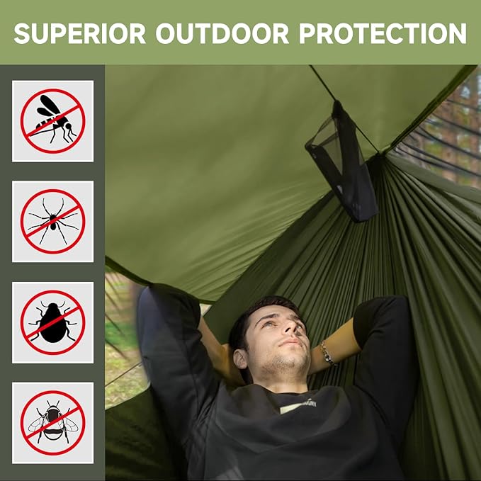 Camping Hammock with Mosquito Net and Sunshade, Backpacking Hammock with Ridge Rope Tree Straps, Lightweight Portable Hammocks for Outside, Hiking, and Travel