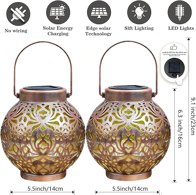 2 Pack Solar Lanterns Outdoor Gifts, IP44 Waterproof Hanging Solar Lights Decor Lamp for Garden, Patio, Pathway, Yard, Porch (Vintage Bronze Flower)