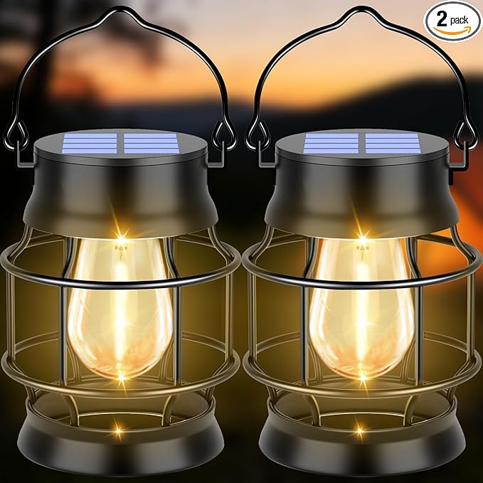 TomCare Solar Lanterns Lights Outdoor Waterproof Metal Hanging Solar Lights Lantern for Outdside Decorative Patio Porch Garden Lawn, 2 Pack (Warm White)