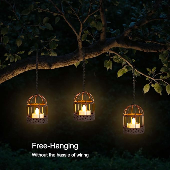Solar-Hanging-Lanterns-Outdoor-Waterproof, Rust Birdcage Style Candle Holders with Flickering Solar Tea Lights for Backyard Patio Garden Fence Tree Decoration (3)
