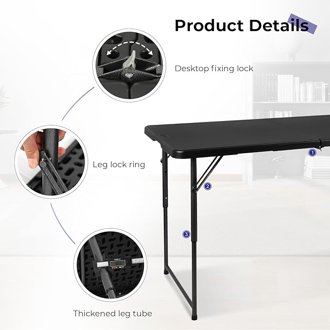 Folding Table 4 Foot Portable Heavy Duty Plastic Fold-in-Half Utility Table Small Indoor Outdoor Adjustable Height Folding with Carrying Handle, Camping and Party, Black