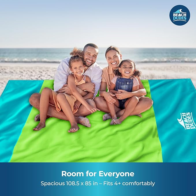 "Green Spirit Oversized Beach Blanket - 108"x84" XL Sandproof Water-Resistant Picnic Mat | Lightweight Ripstop Nylon for Travel & Camping | Includes 4 Stakes and Carry Bag