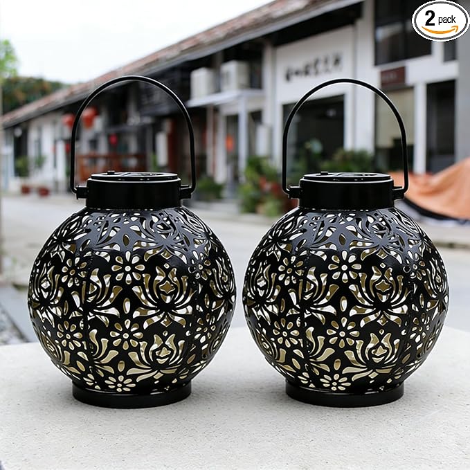 2 Pack Solar Lanterns Outdoor Gifts, IP44 Waterproof Hanging Solar Lights Decor Lamp for Garden, Patio, Pathway, Yard, Porch (Classic Black Flower)