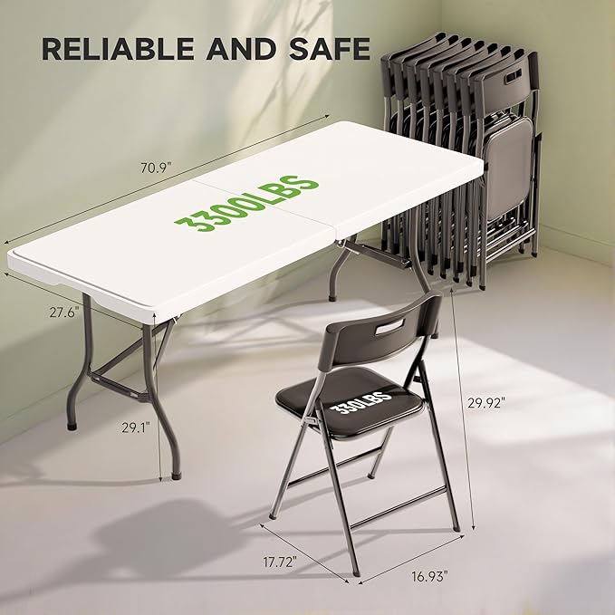 Portable 6-Piece Folding Table and Chairs Set – Heavy-Duty 6ft Camping & Party Furniture for Indoor/Outdoor Events (All-Weather, Black)