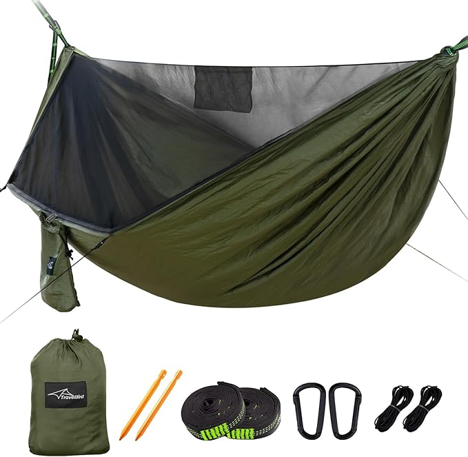 Camping Hammock with Mosquito Net and Ridge Rope, Extra Large for 2 Person, Lightweight Hanging Hammocks Tree Straps, All-in-one Fast Open Hammock for Outside, Hiking, and Travel