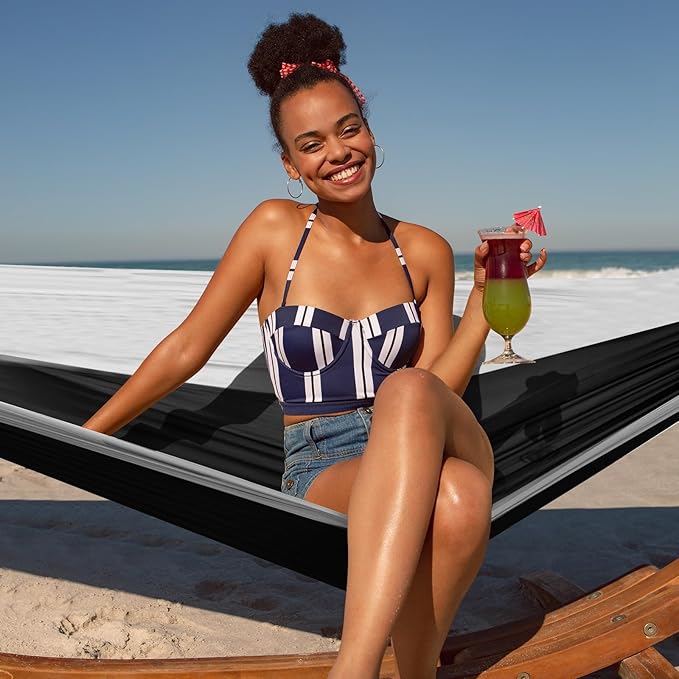 Camping Hammock,Camping Essentials,Lightweight Portable Double & Single Hammock with Tree Straps, Camping Gear for Outside Hiking Camping Beach Backpack Travel, Black & Grey, Large