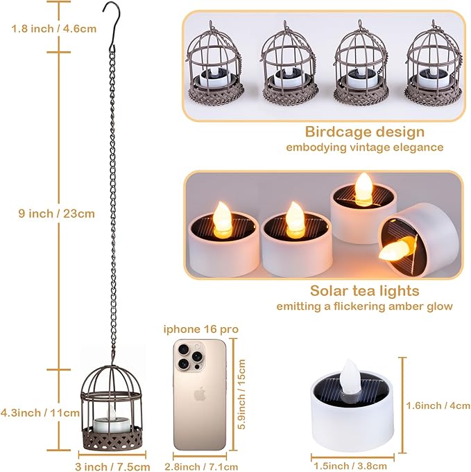 Solar-Hanging-Lanterns-Outdoor-Waterproof, Rust Birdcage Style Candle Holders with Flickering Solar Tea Lights for Backyard Patio Garden Fence Tree Decoration (4)